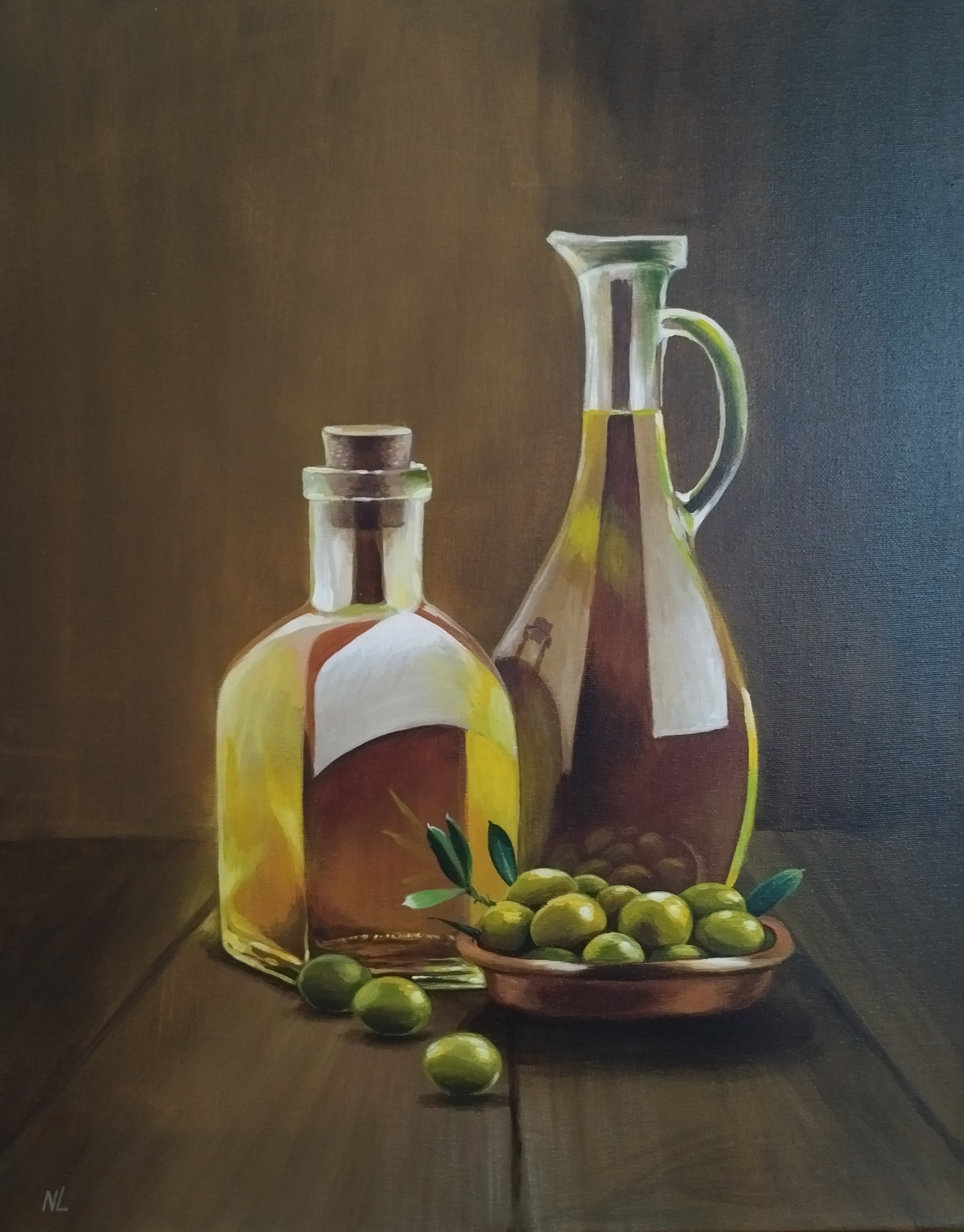 Aceite y Aceitunas, pintura original óleo sobre lienzo de 40 x 50 cm, creada en Valencia, Spain.