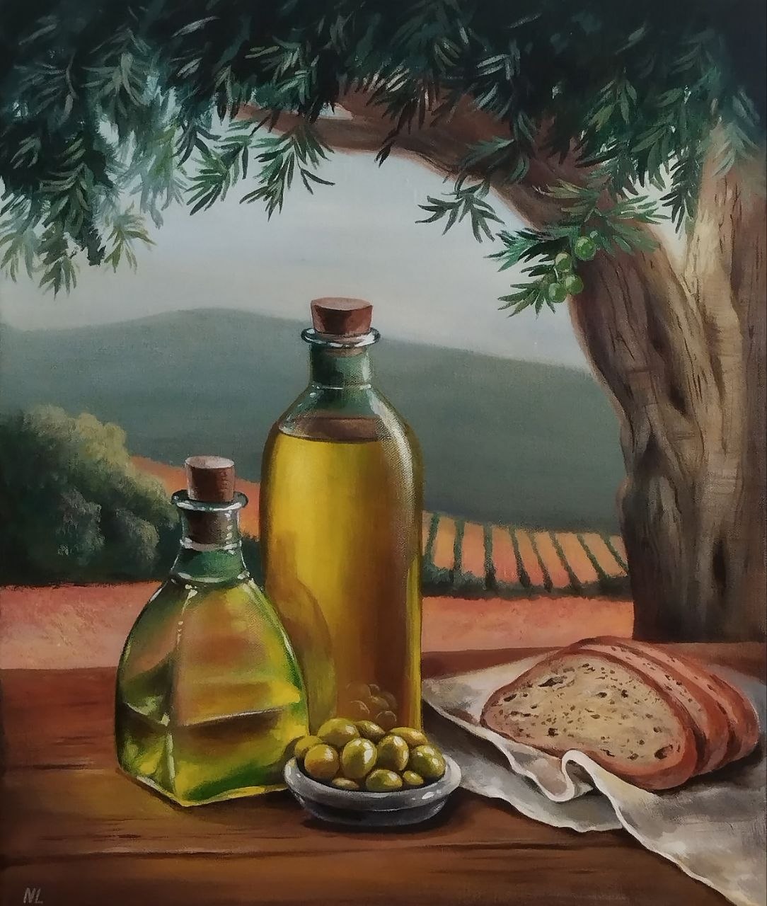 Bajo el Olivo, pintura original acrílico sobre lienzo de 50 x 60 cm, creada en Valencia, Spain.