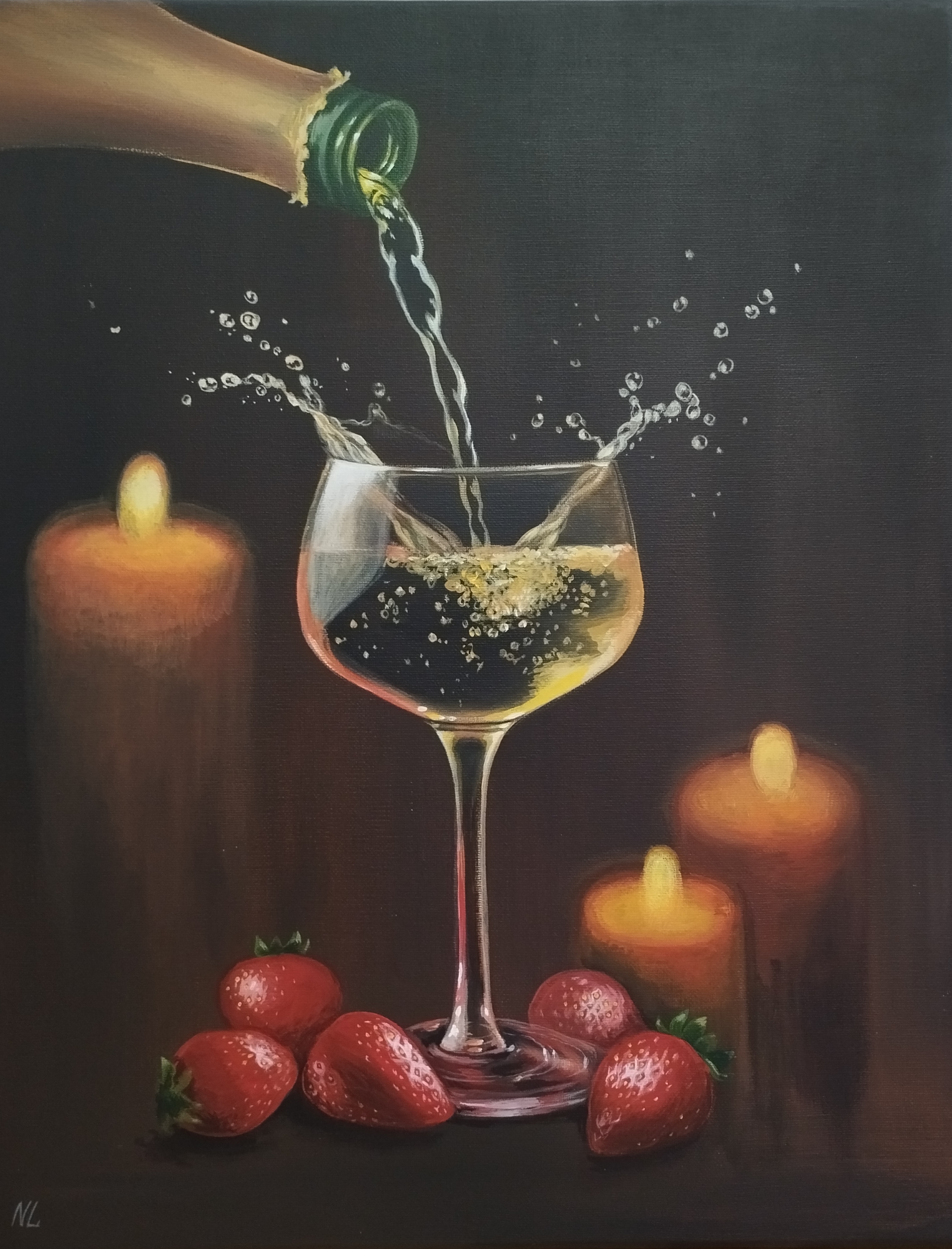Brindis de Fresa, pintura original óleo sobre lienzo de 40 x 50 cm, creada en Valencia, Spain.