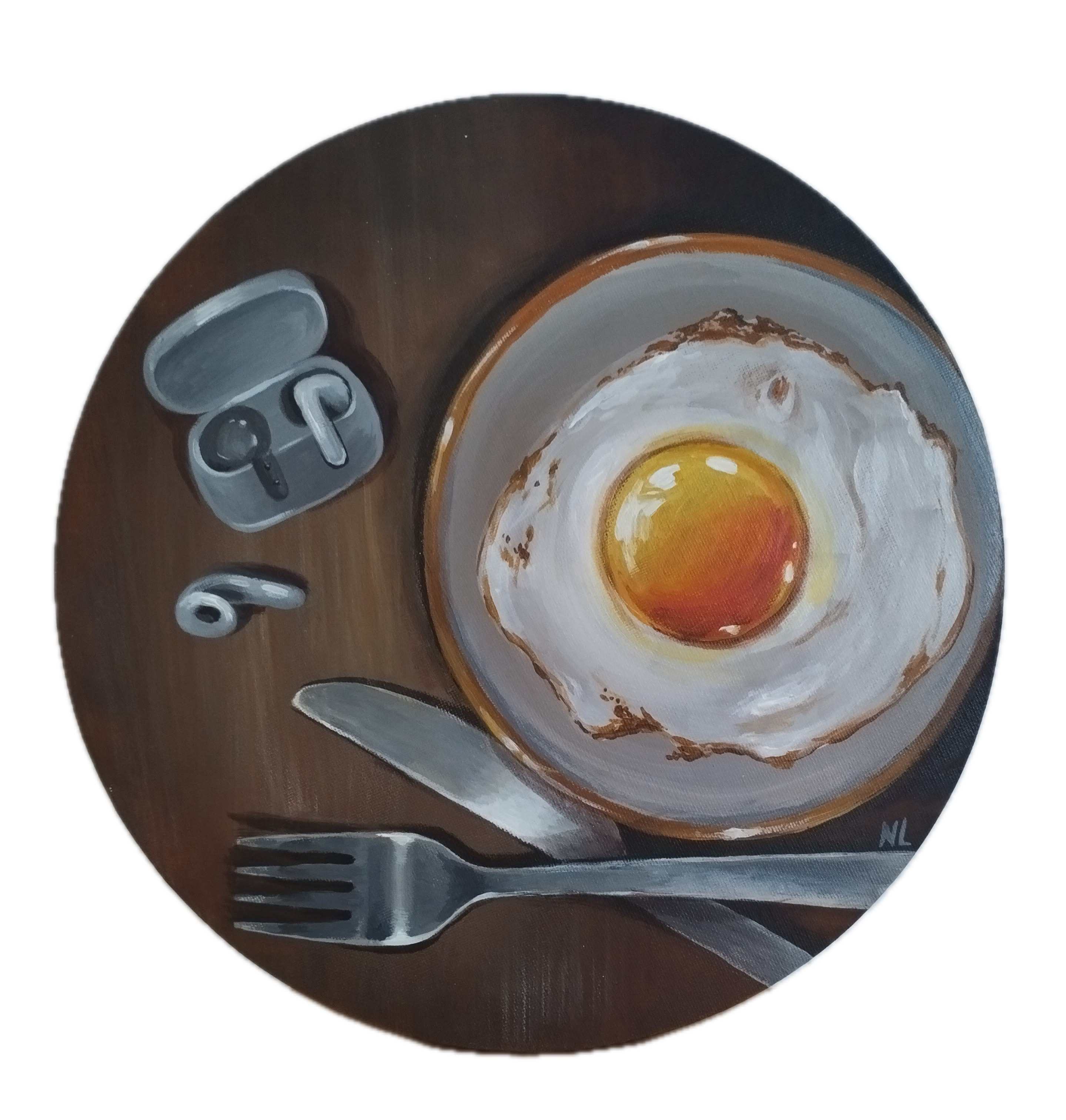 Desayuno Moderno, pintura original óleo sobre lienzo de Ø 30 cm, creada en Valencia, Spain.