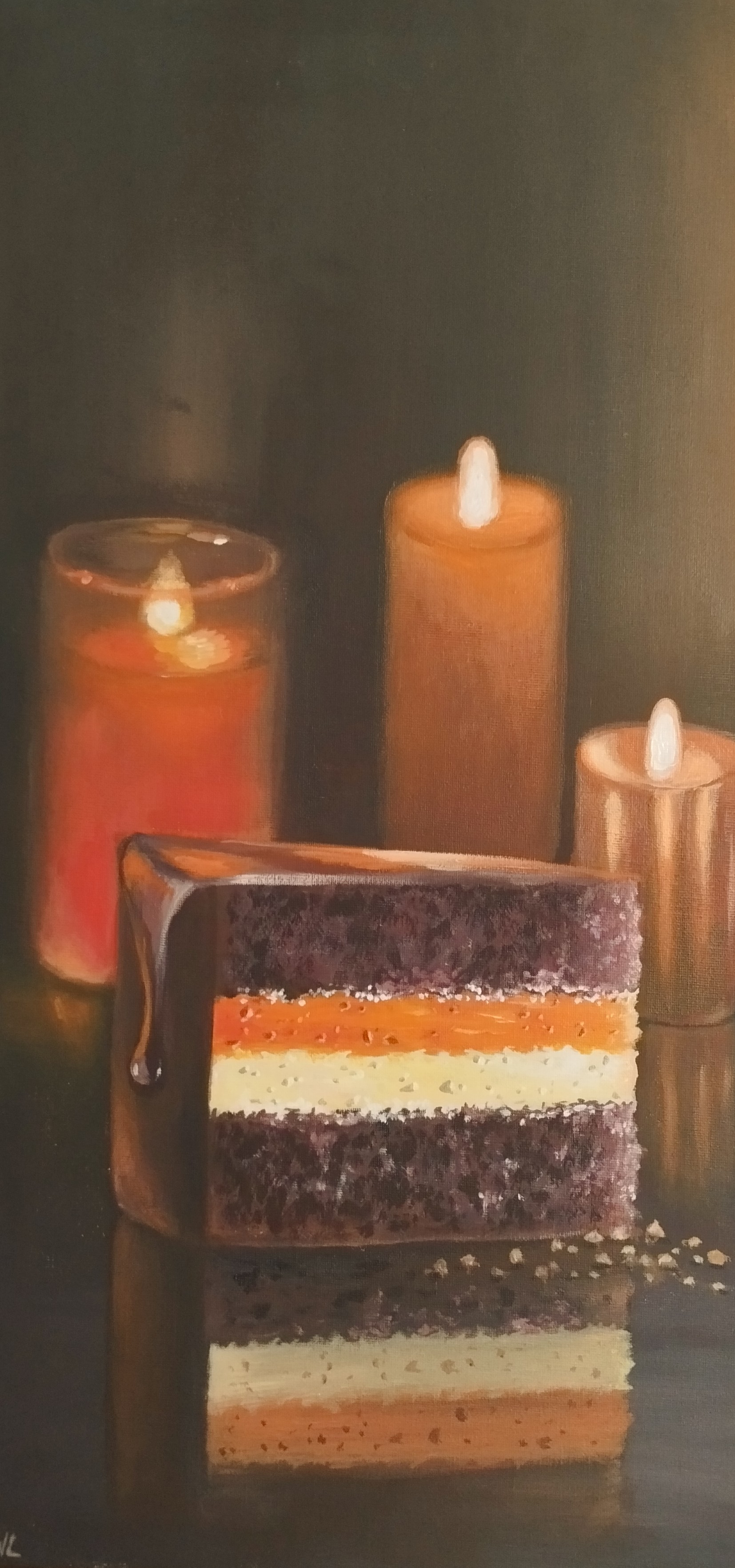 Dulce a la Luz de las Velas, pintura original óleo sobre lienzo de 30 x 60 cm, creada en Valencia, Spain.