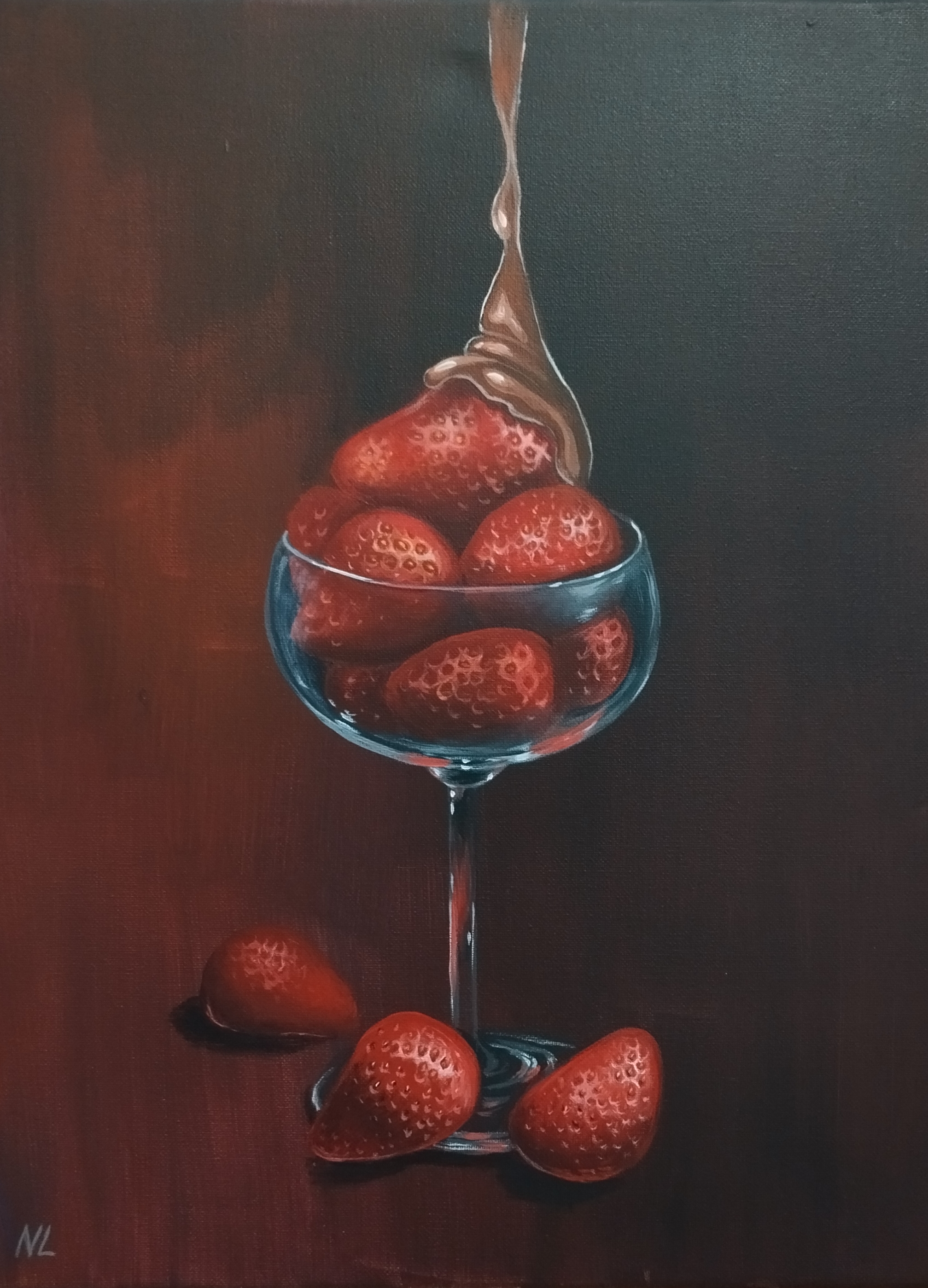 Fresas con Chocolate, pintura original óleo sobre lienzo de 40 x 50 cm, creada en Valencia, Spain.