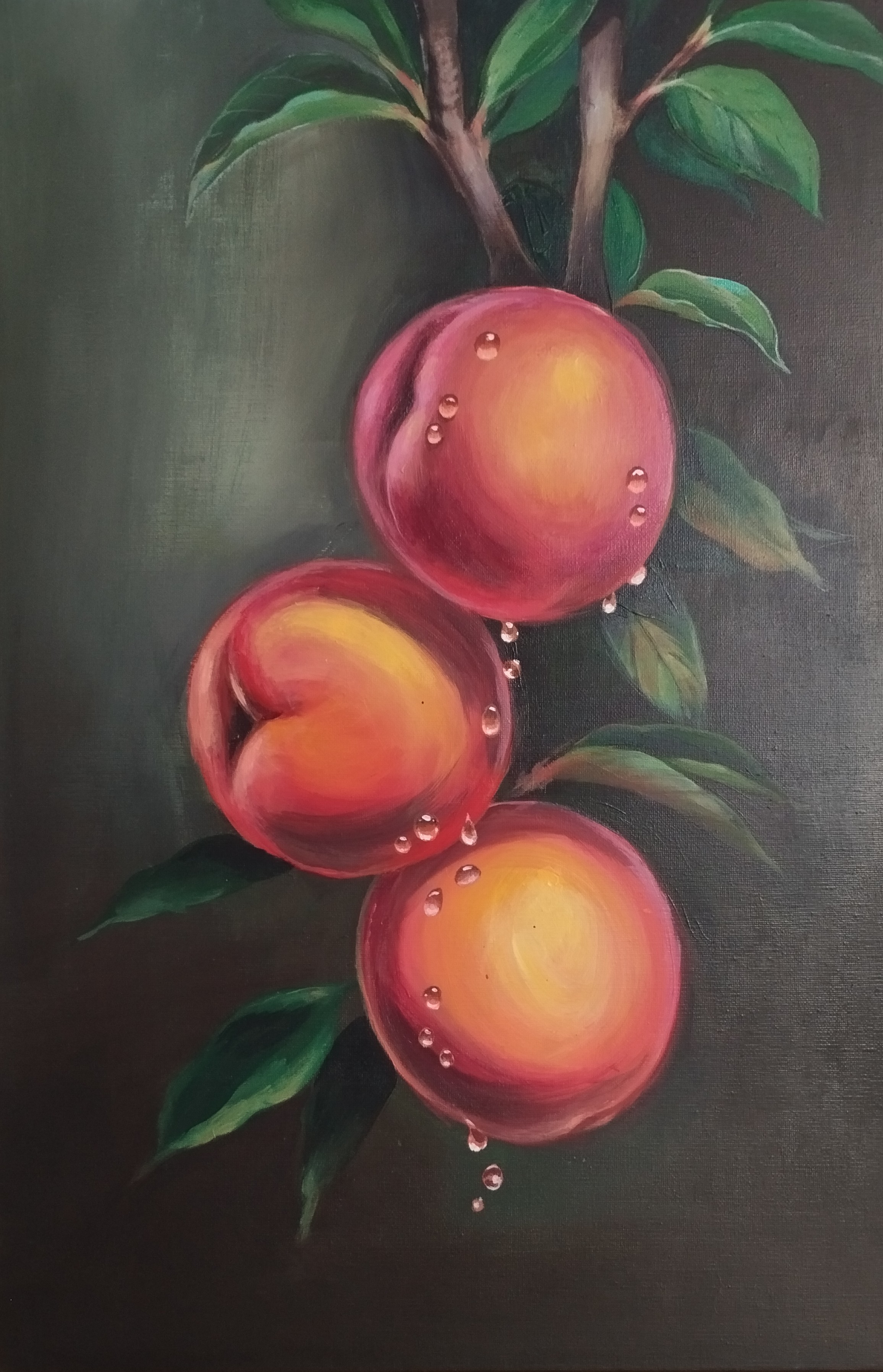 Melocotones al Sol, pintura original óleo sobre lienzo de 40 x 60 cm, creada en Valencia, Spain.