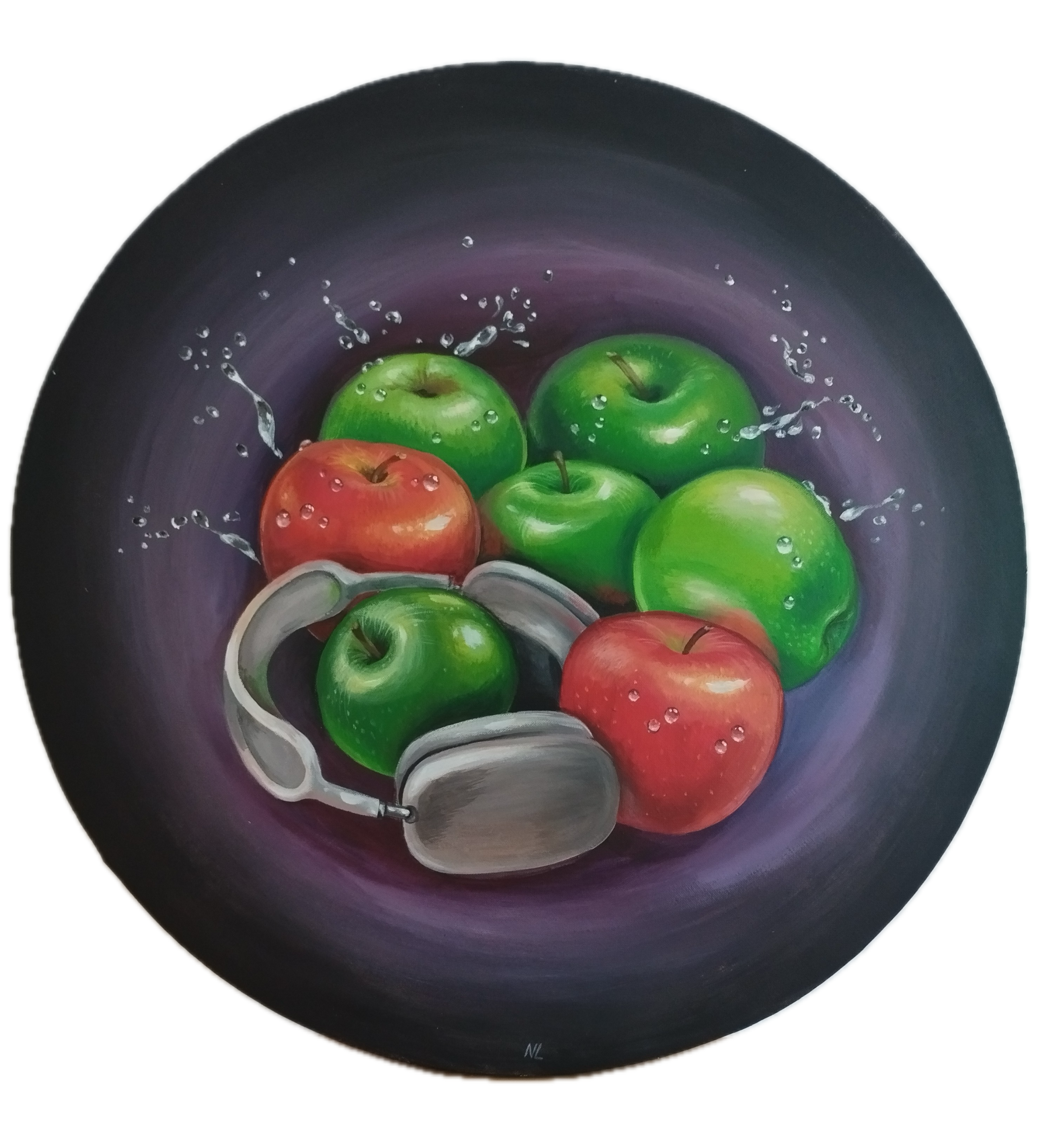 Música y Manzanas, pintura original óleo sobre lienzo de Ø 50 cm, creada en Valencia, Spain.