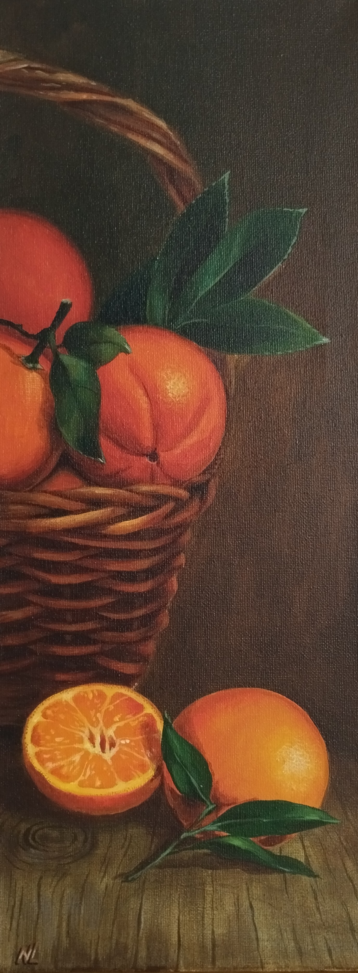Naranjas de Valencia, pintura original óleo sobre lienzo de 20 x 50 cm, creada en Valencia, Spain.