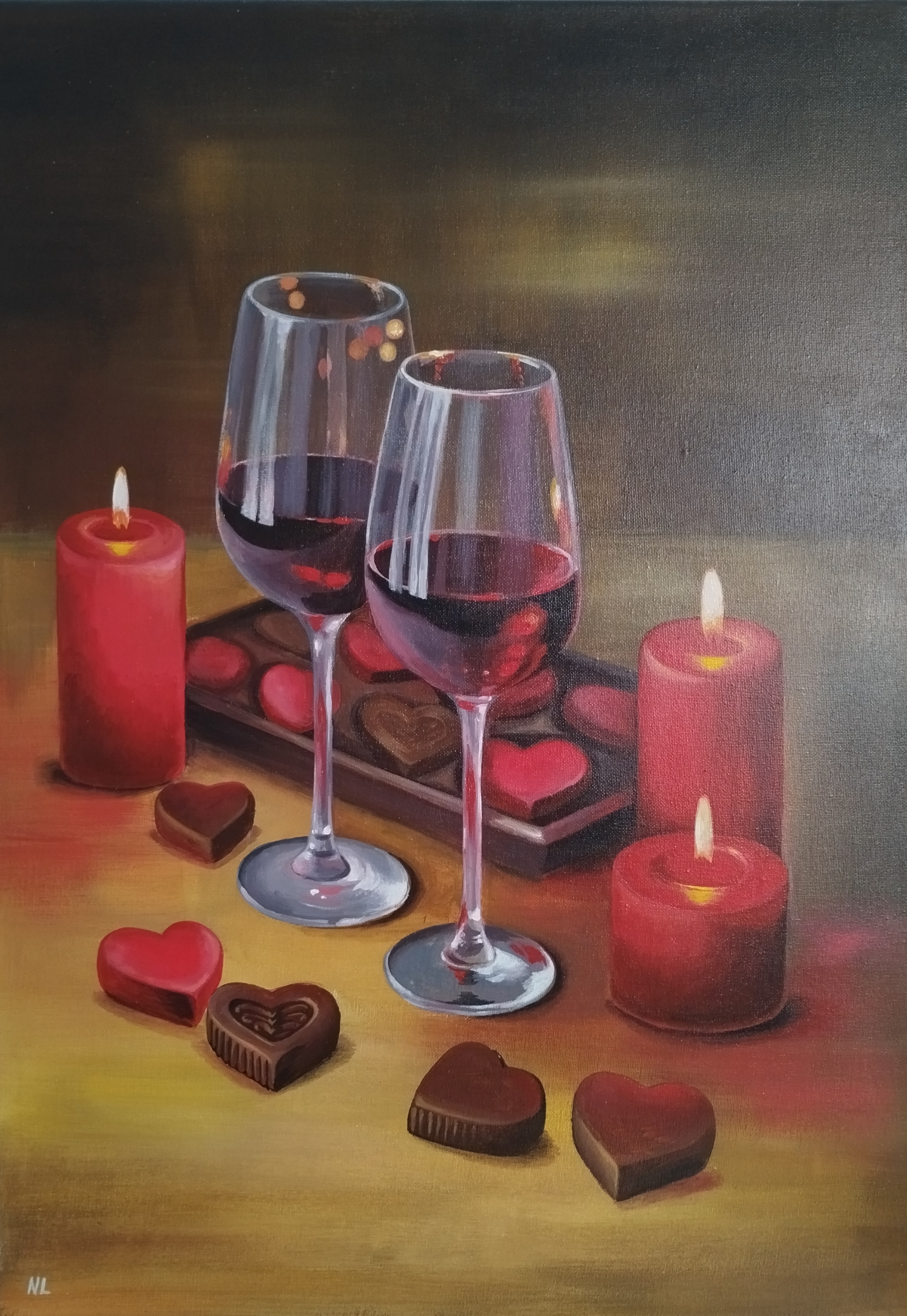 Noche de Vino y Luz, pintura original óleo sobre lienzo de 50 x 70 cm, creada en Valencia, Spain.