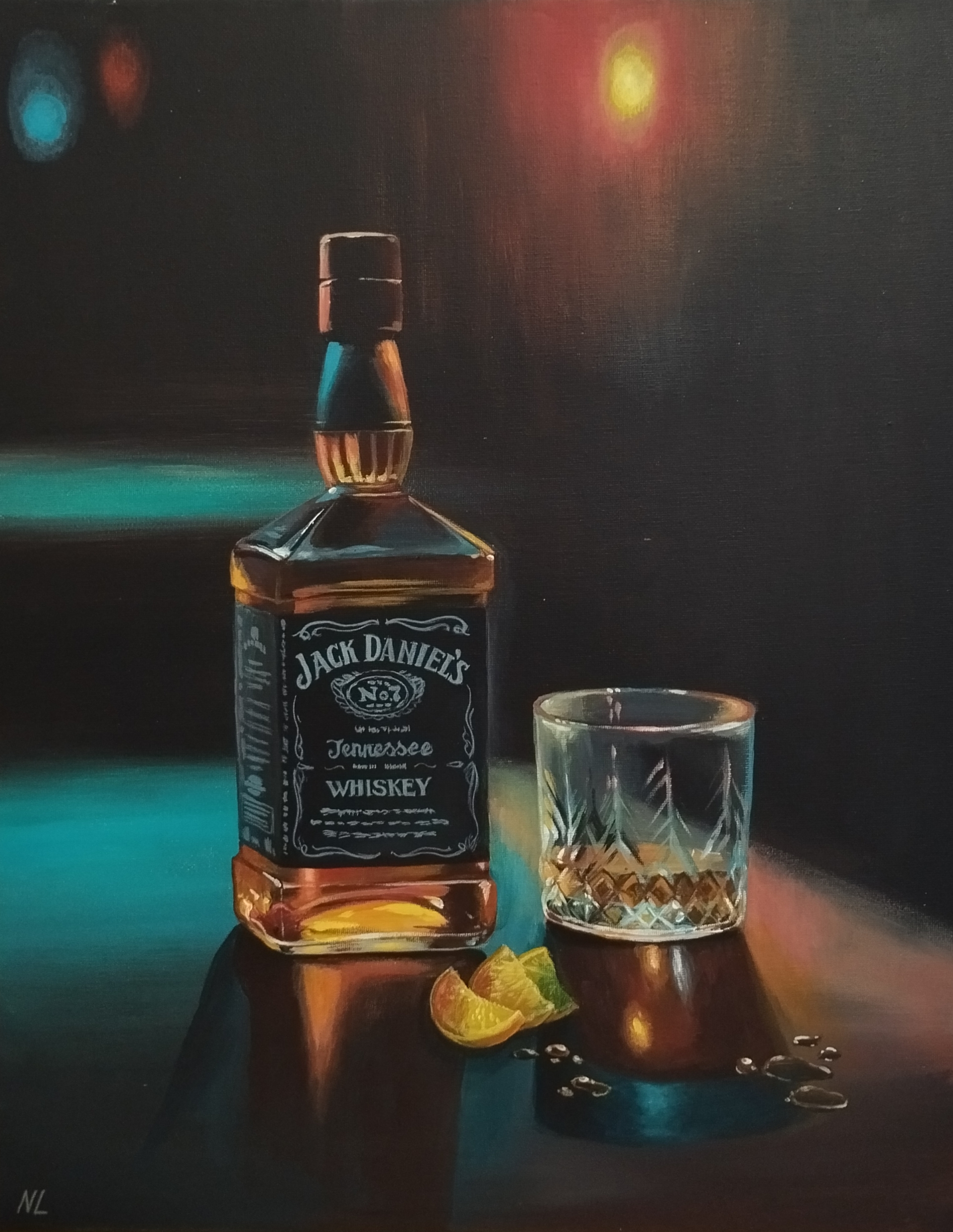 Noche de Whisky, pintura original óleo sobre lienzo de 40 x 50 cm, creada en Valencia, Spain.