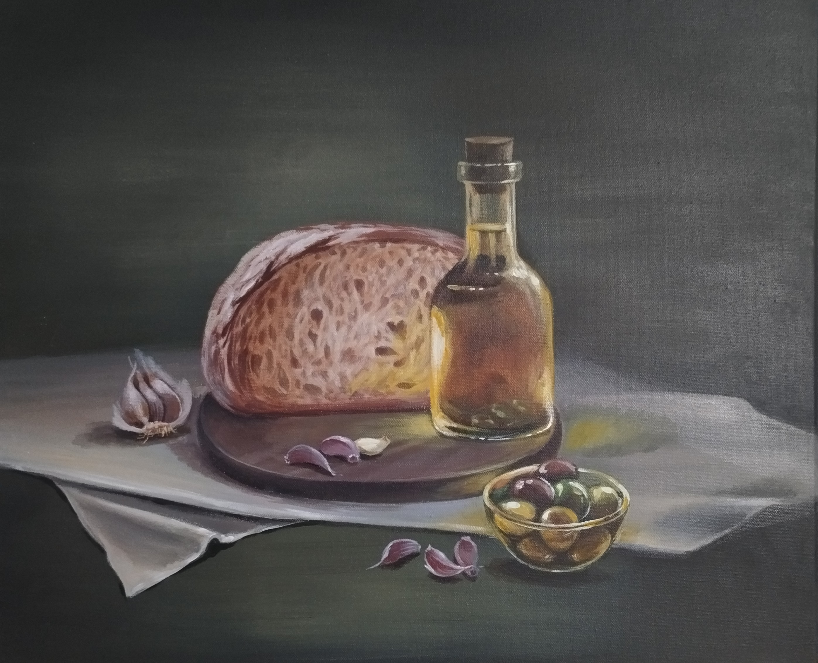 Sabores del Mediterráneo, pintura original óleo sobre lienzo de 60 x 50 cm, creada en Valencia, Spain.