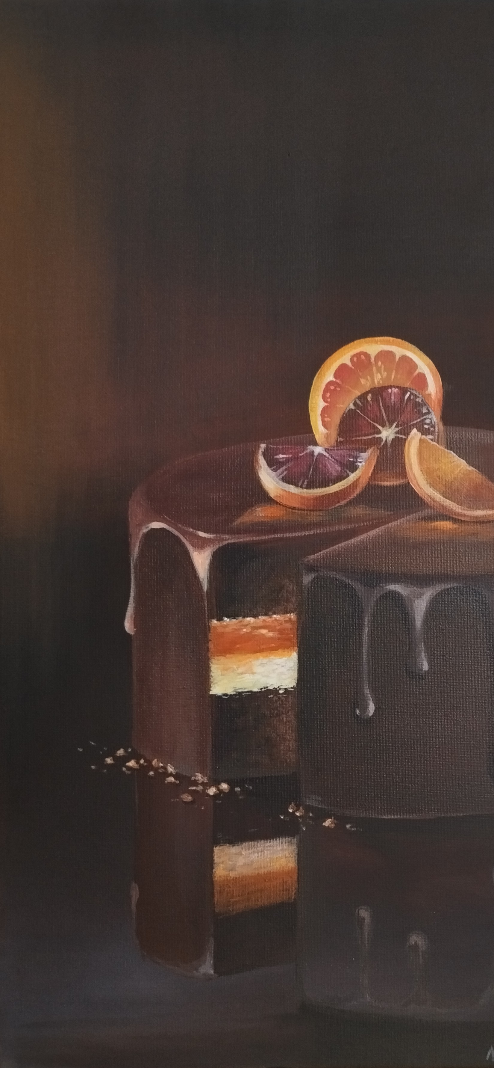 Tarta de Chocolate y Cítricos, pintura original óleo sobre lienzo de 30 x 60 cm, creada en Valencia, Spain.