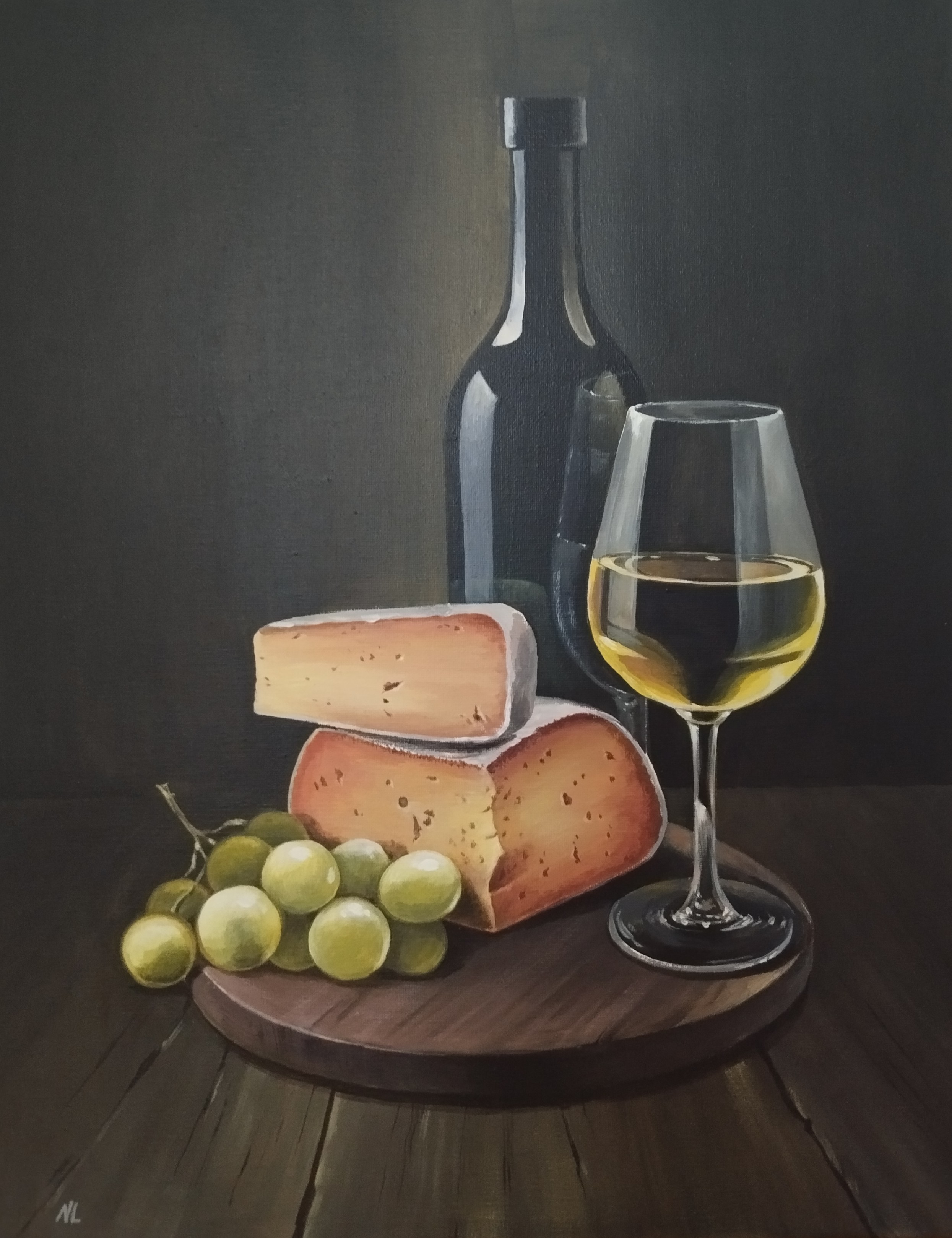 Vino Blanco y Queso, pintura original óleo sobre lienzo de 40 x 50 cm, creada en Valencia, Spain.