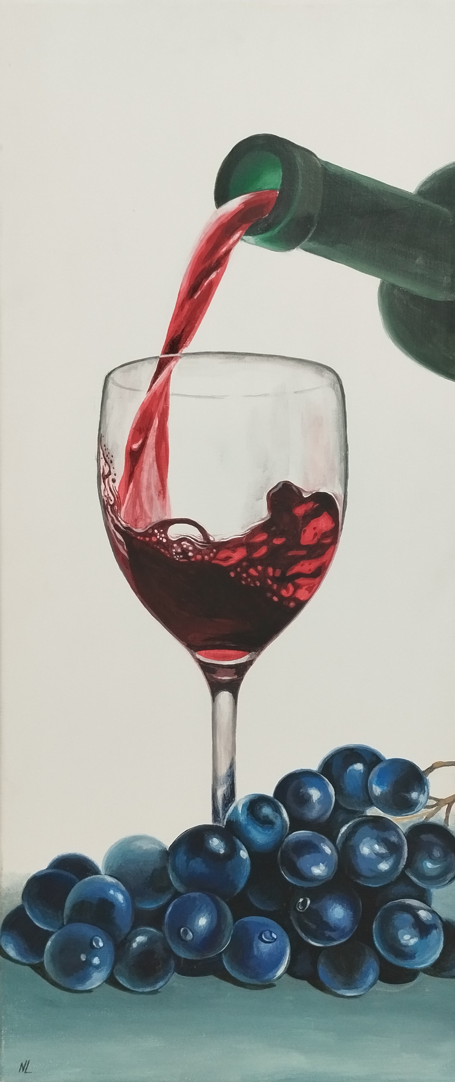 Vino y Uvas de la Tierra, pintura original óleo sobre lienzo de 30 x 70 cm, creada en Valencia, Spain.