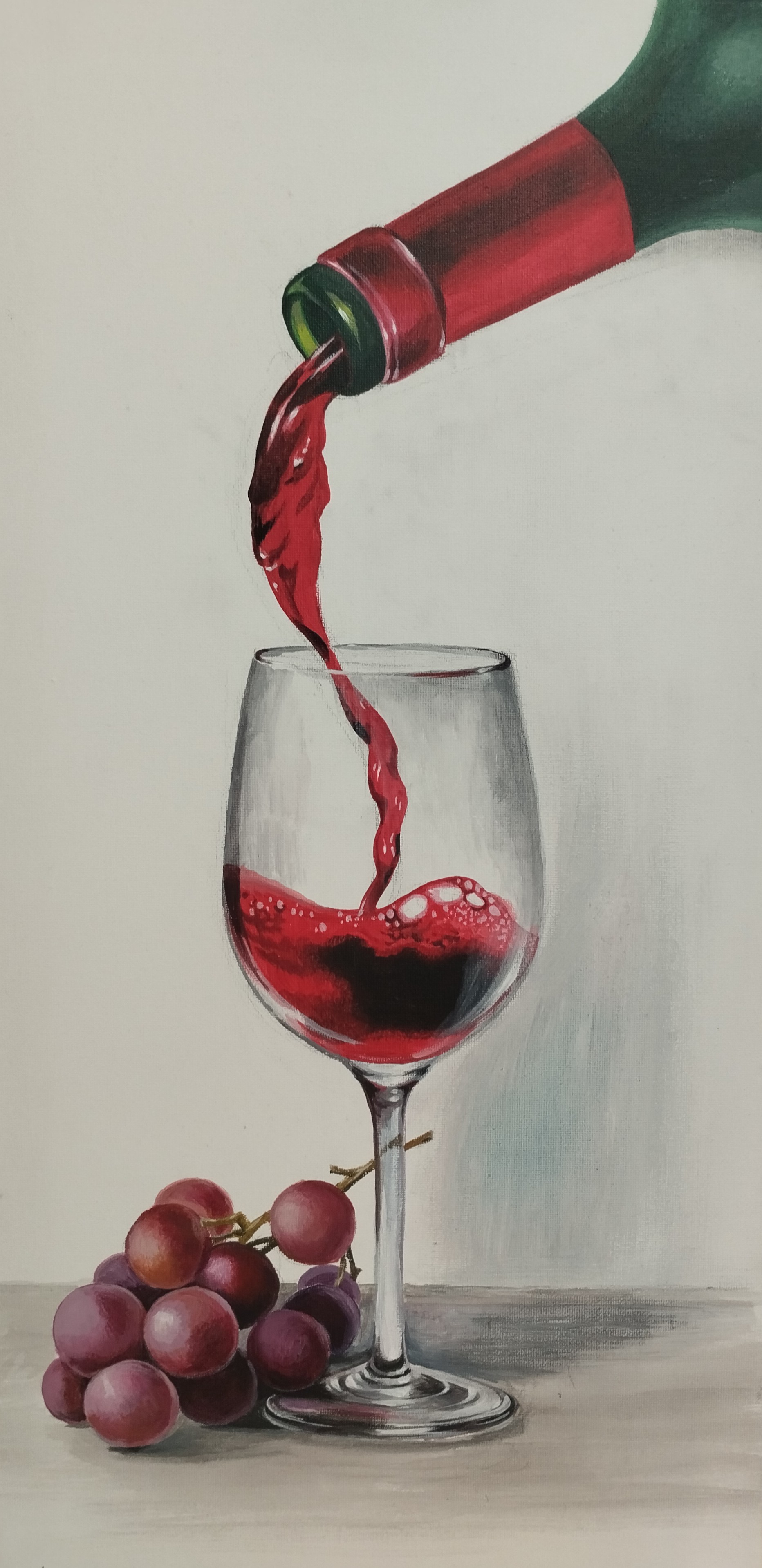 Vino y Uvas, pintura original óleo sobre lienzo de 60 x 30 cm, creada en Valencia, Spain.